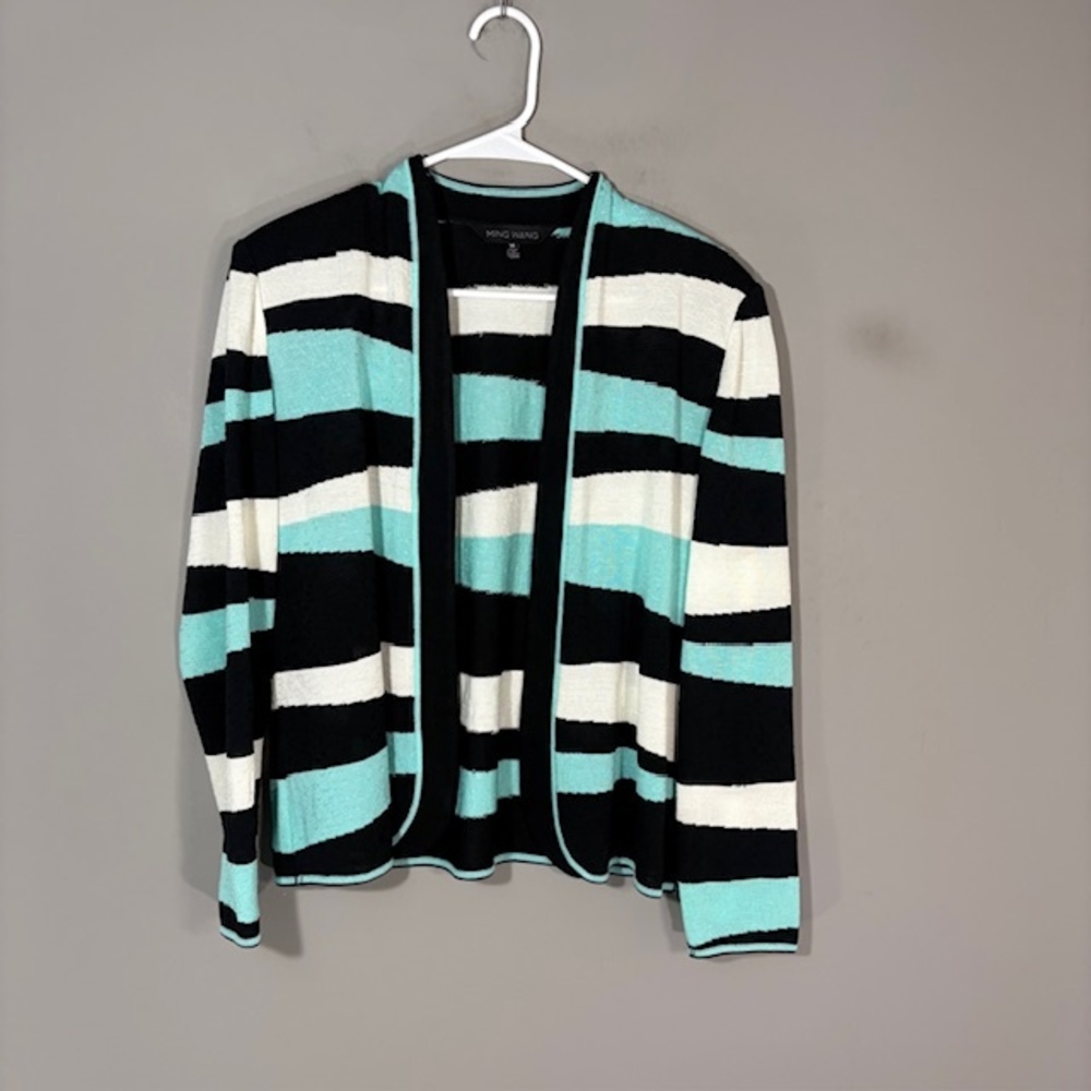 Ming Wang Cardigan Sweater Womens M Multicolor Striped Open Front Layering Knit